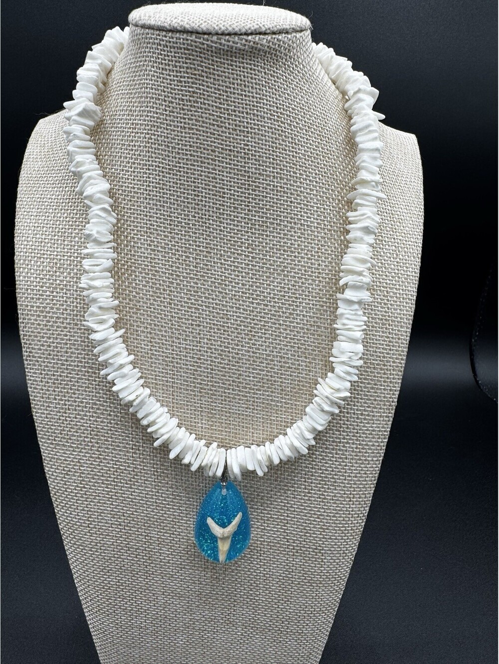 White Shell Chip Necklace Blue Resin Shark Tooth Pendant Beach Tropical